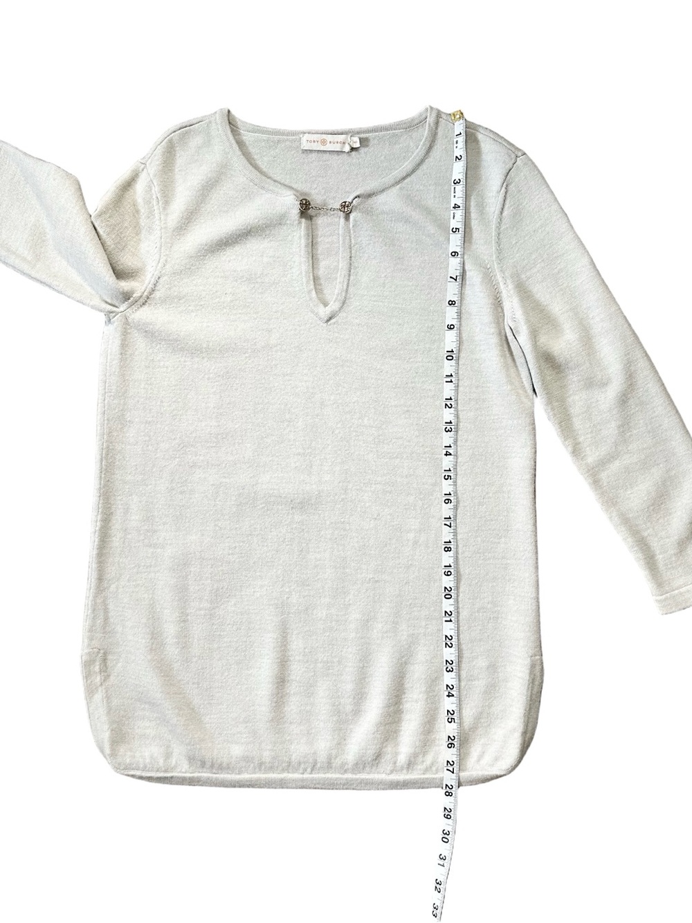 Tory Burch Merino Wool V-Neck Gold Chain Long Sleeve Tunic Sweater Sz Medium - Picture 9 of 11